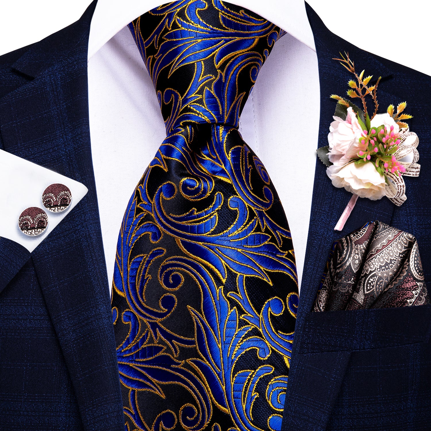 Black Blue Yellow Floral Tie Pocket Square Cufflinks Set with Wedding Brooch