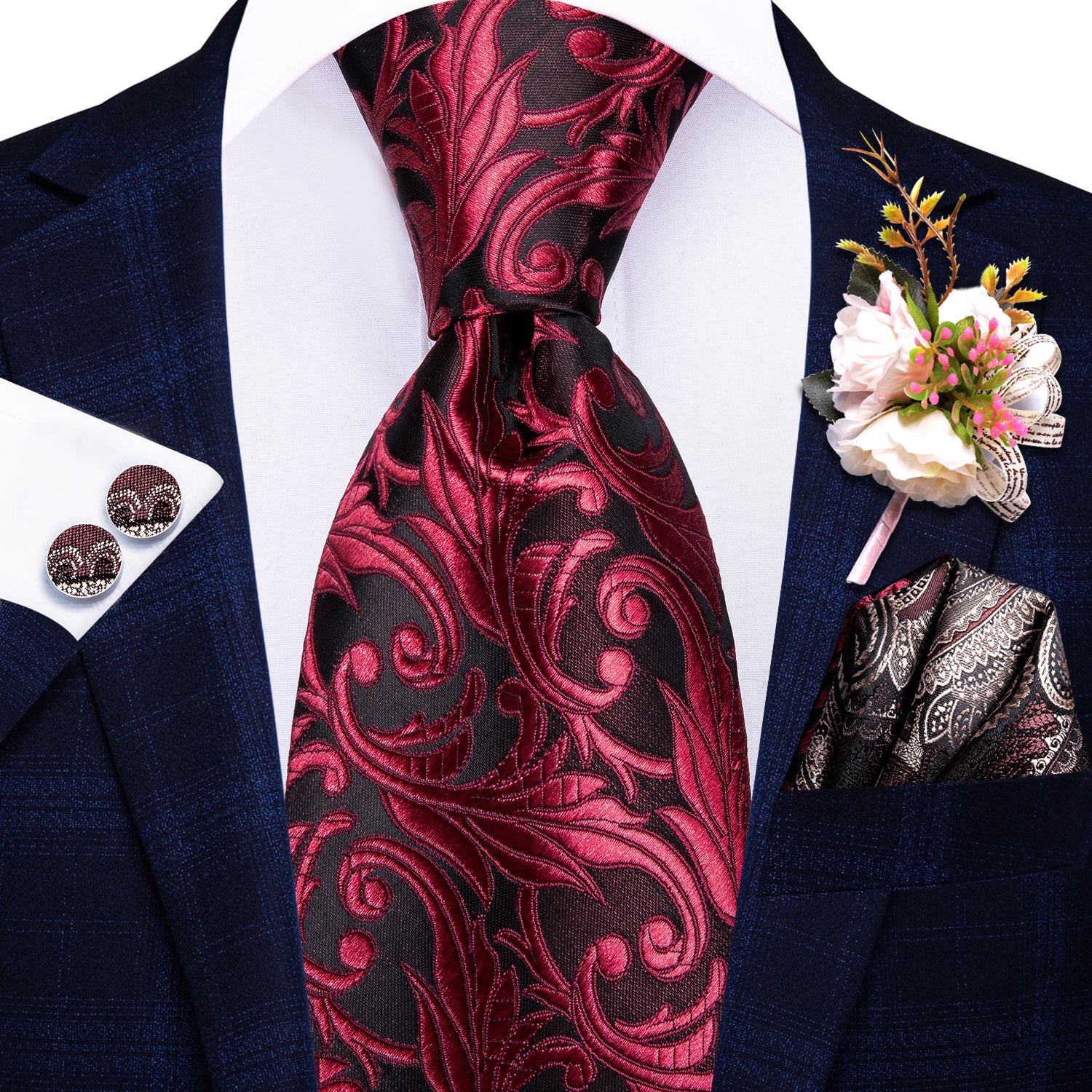 Red Black Floral Tie Pocket Square Cufflinks Set with Wedding Brooch