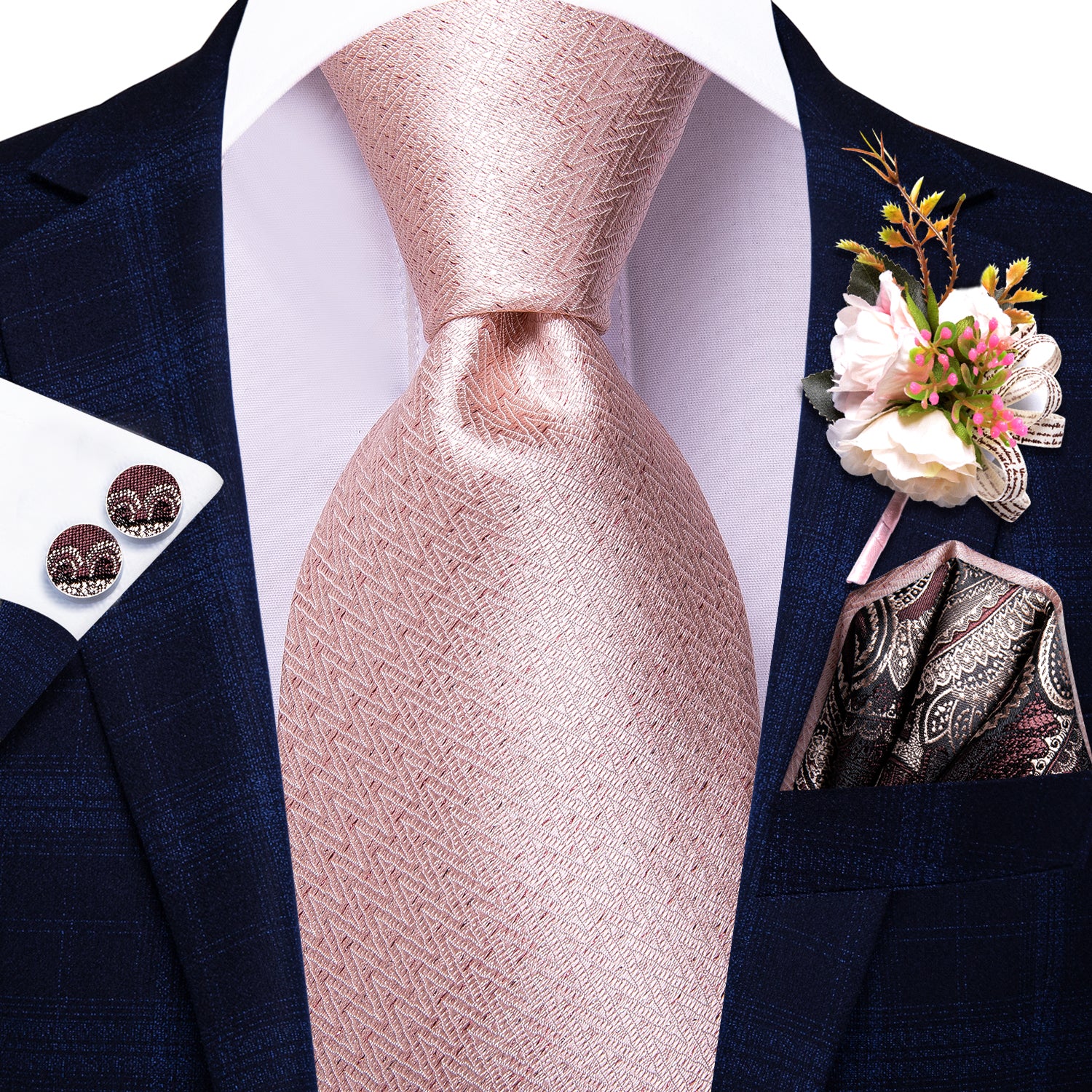 Pink Solid Tie Pocket Square Cufflinks Set with Wedding Brooch