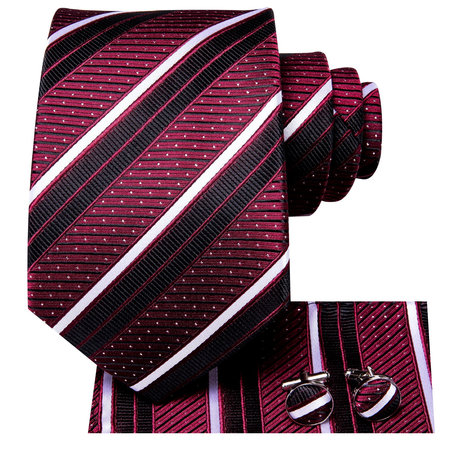 Red Black Striped Tie Pocket Square Cufflinks Set