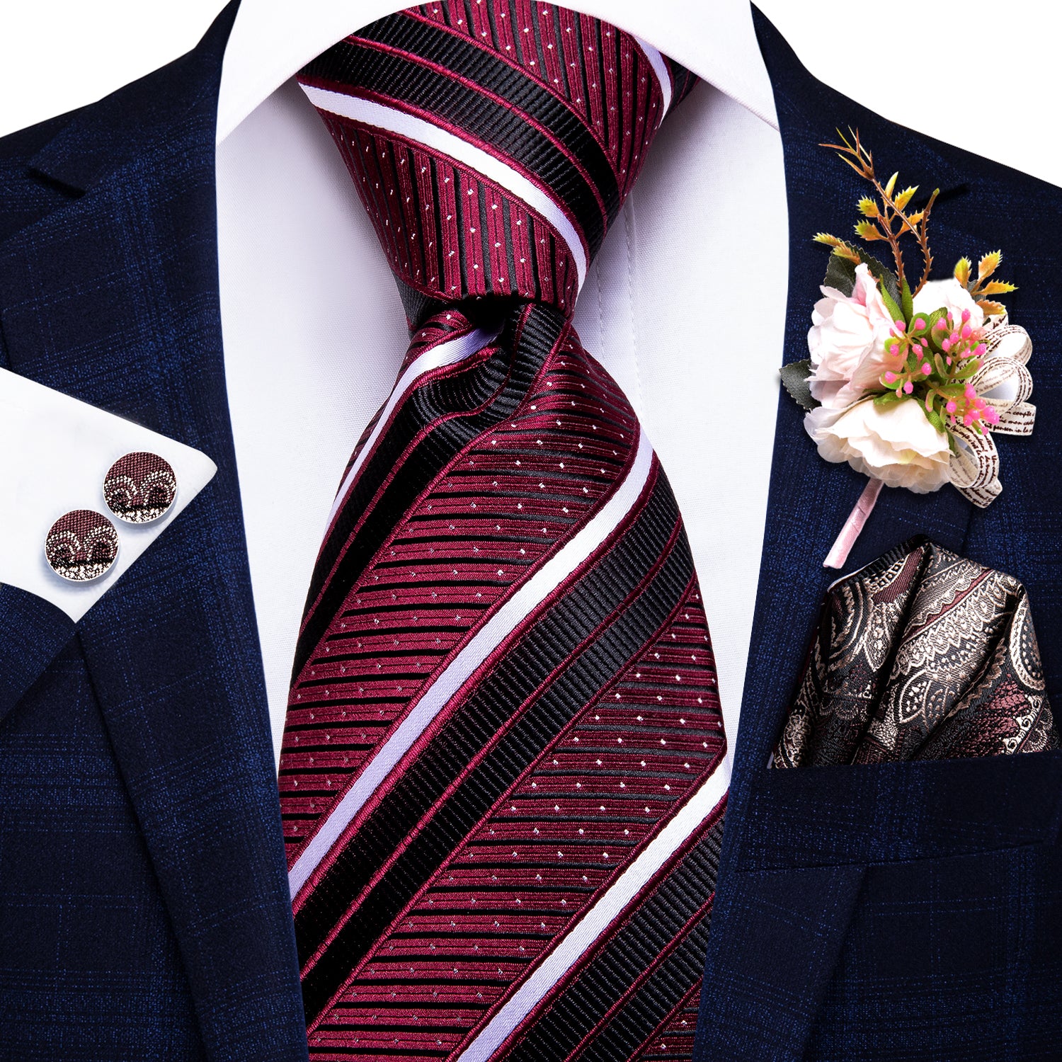 Red Black Striped Tie Pocket Square Cufflinks Set with Wedding Brooch