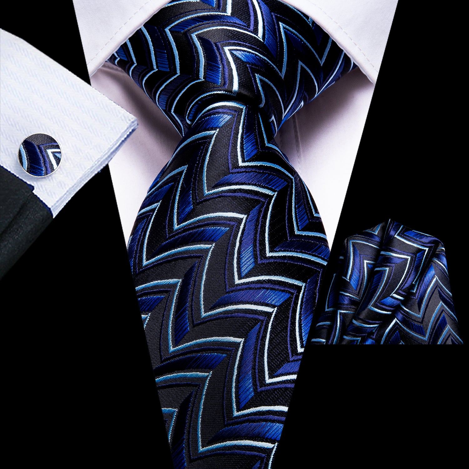 Blue Striped Novelty Tie Pocket Square Cufflinks Set