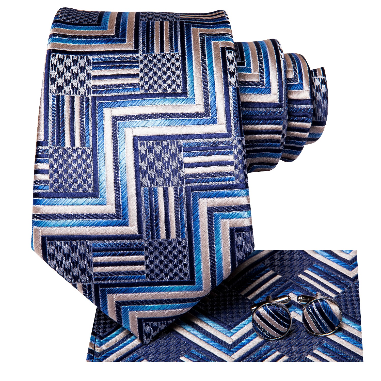 Khaki Blue Plaid Tie Pocket Square Cufflinks Set