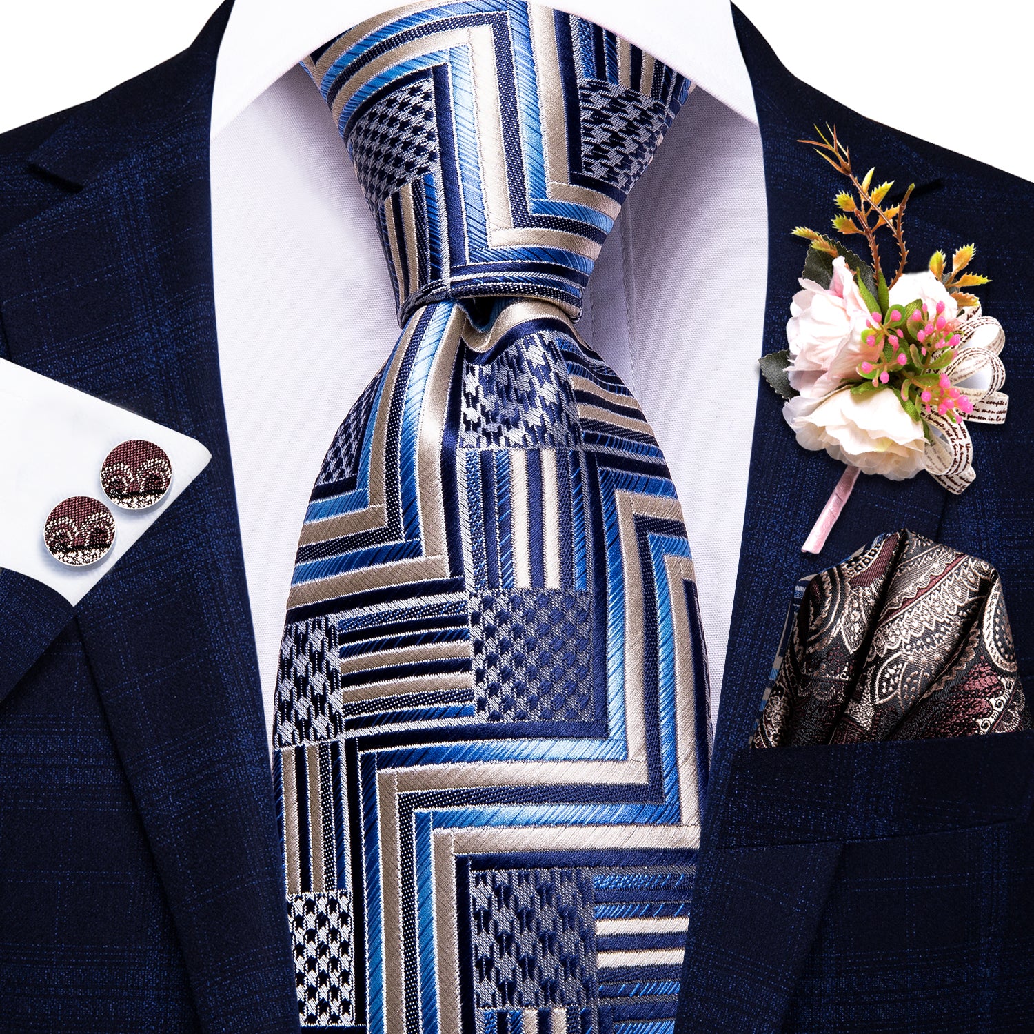 Khaki Blue Plaid Tie Pocket Square Cufflinks Set with Wedding Brooch