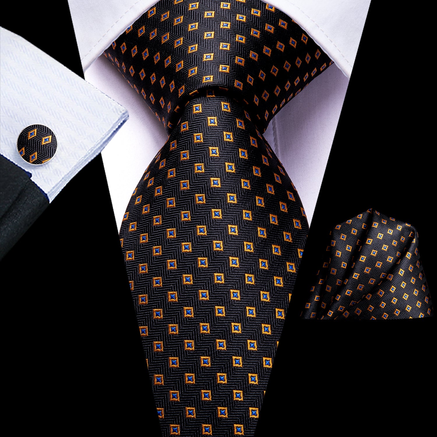 Black Golden Polka Dot Tie Pocket Square Cufflinks Set