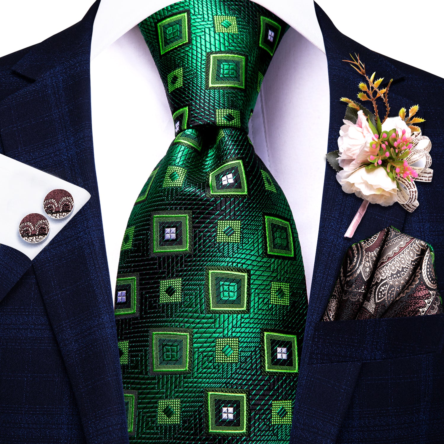 Green Plaid Novelty Tie Pocket Square Cufflinks Set with Wedding Brooch