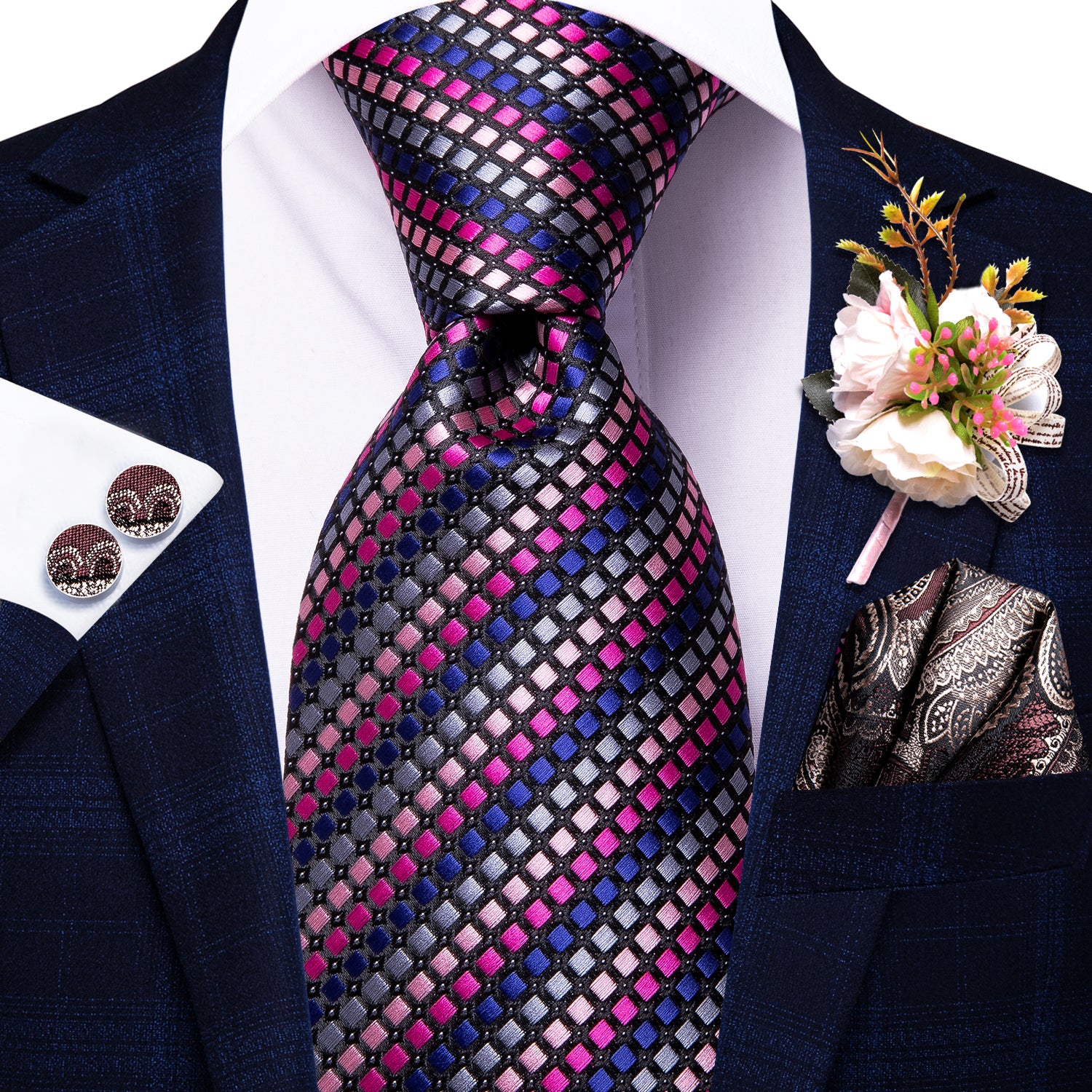 Pink Blue Striped Novelty Tie Pocket Square Cufflinks Set with Wedding Brooch