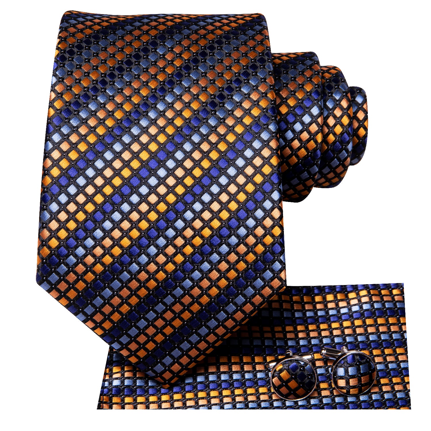 Golden Blue Striped Novelty Tie Pocket Square Cufflinks Set