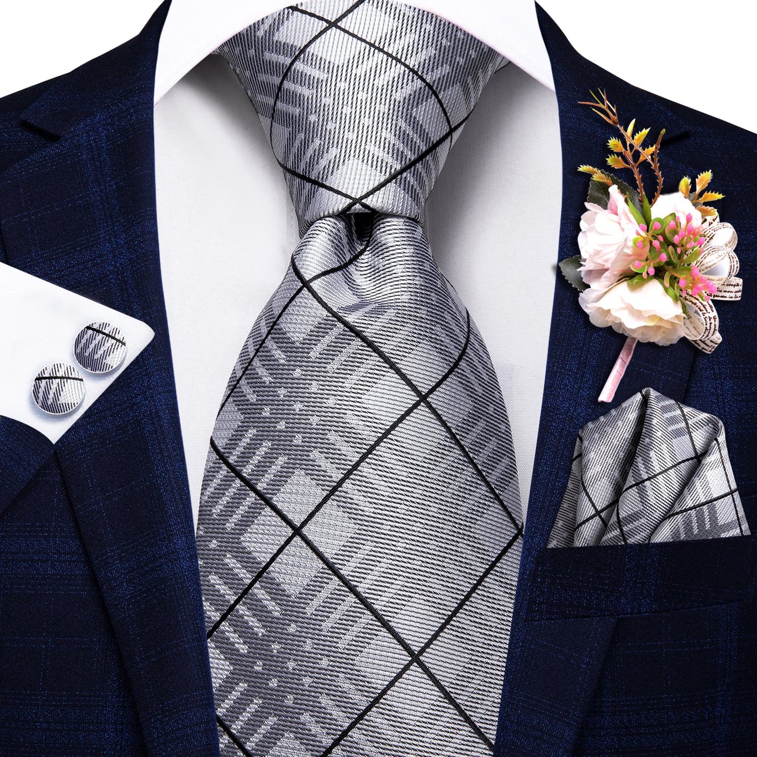 Grey Black Plaid Tie Handkerchief Cufflinks Set with Wedding Brooch