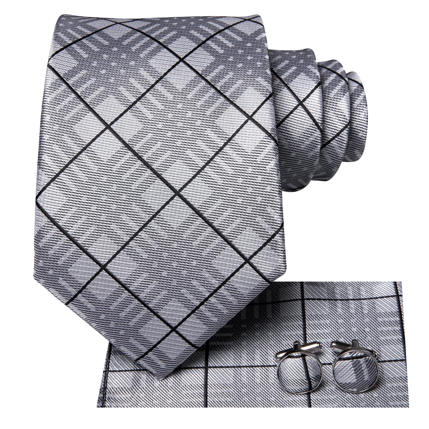 Grey Black Plaid Tie Pocket Square Cufflinks Set