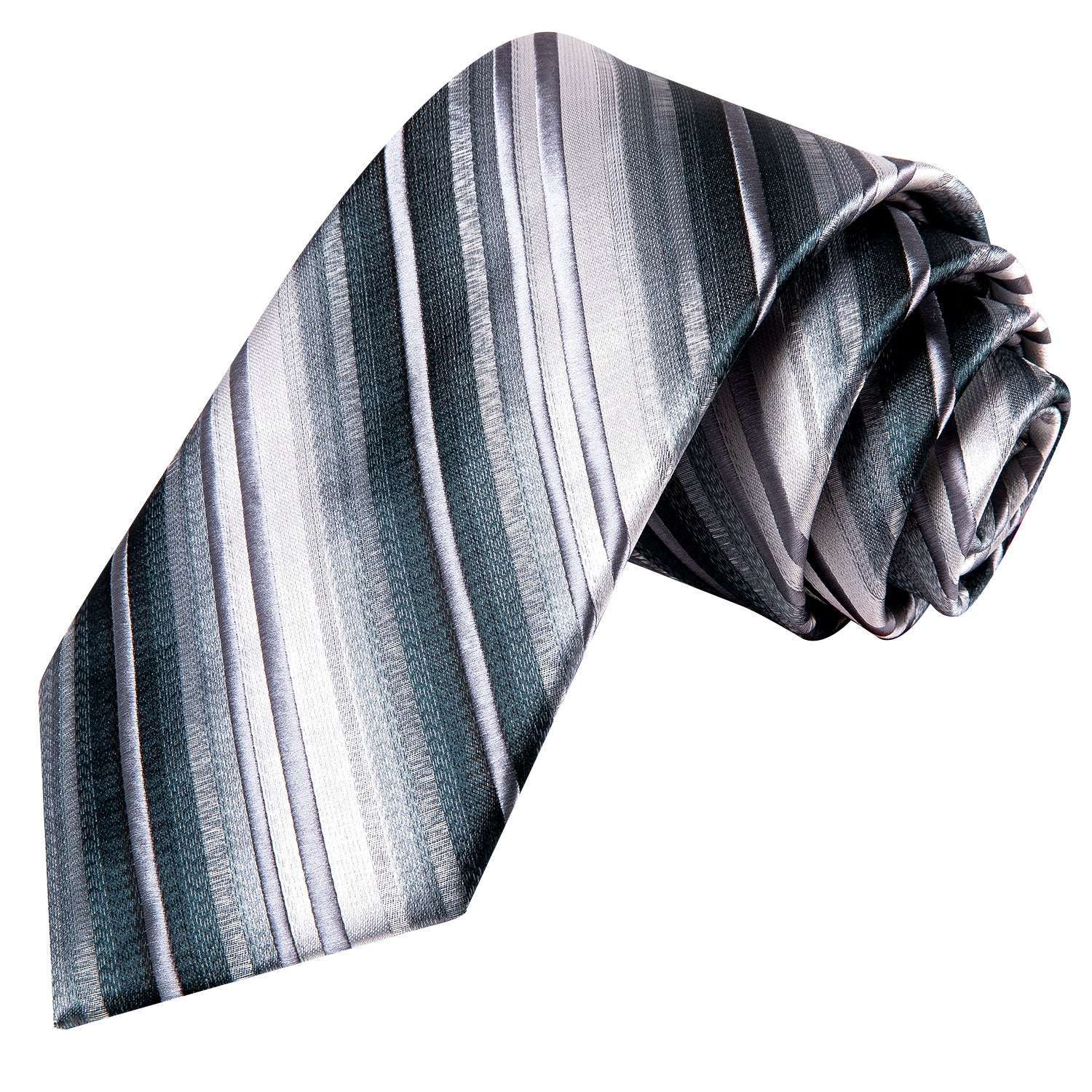 Green Grey White Striped Tie Pocket Square Cufflinks Set