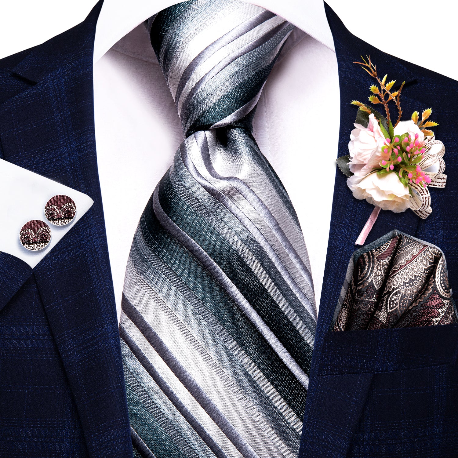 Green Grey White Striped Tie Pocket Square Cufflinks Set with Wedding Brooch