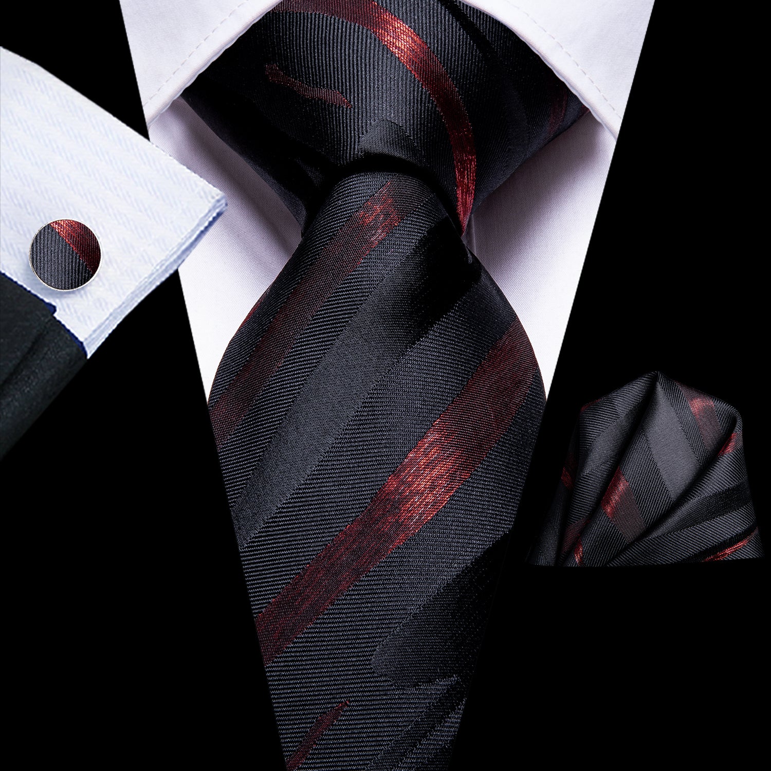 Black Red Striped Tie Pocket Square Cufflinks Set