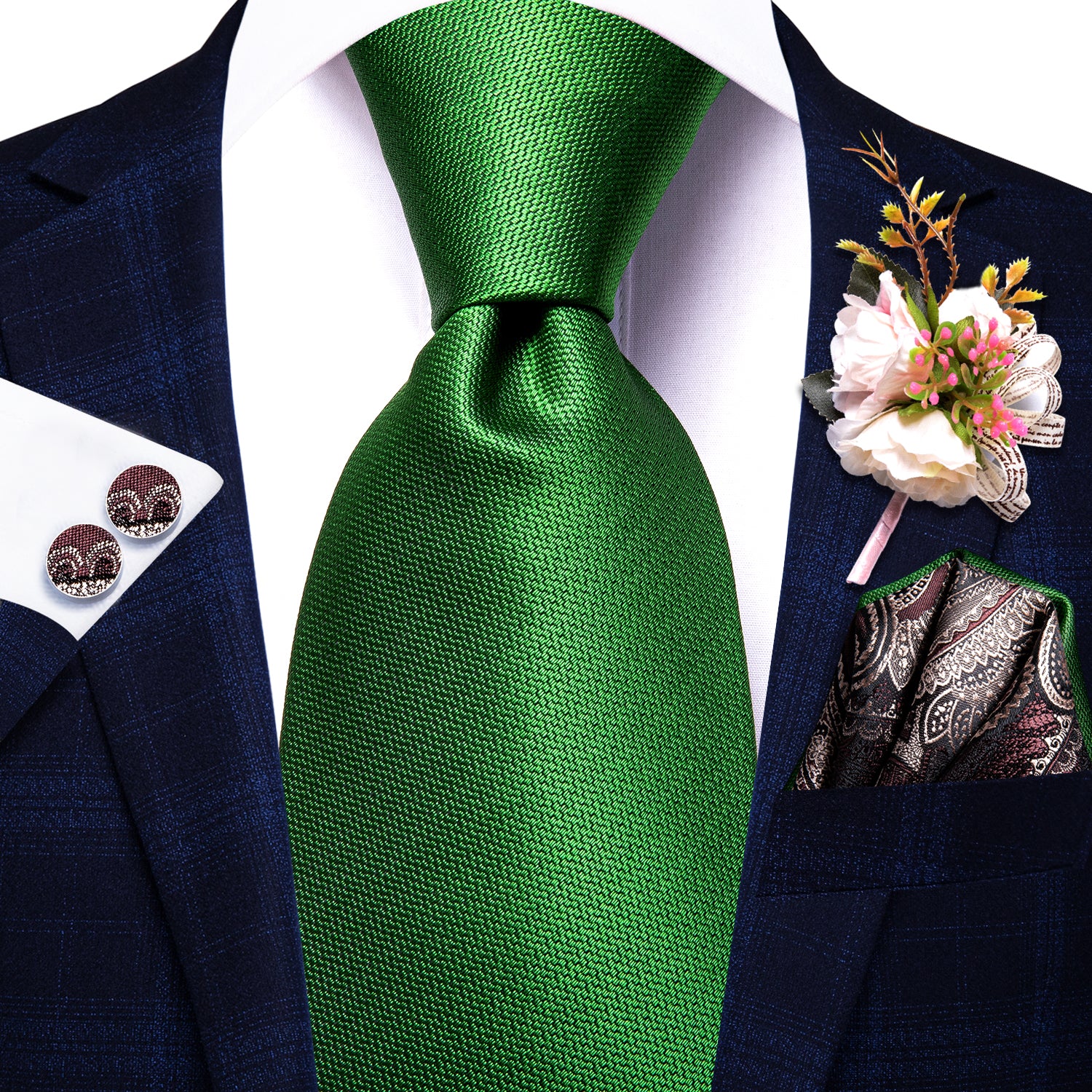 Green Solid Tie Pocket Square Cufflinks Set with Wedding Brooch