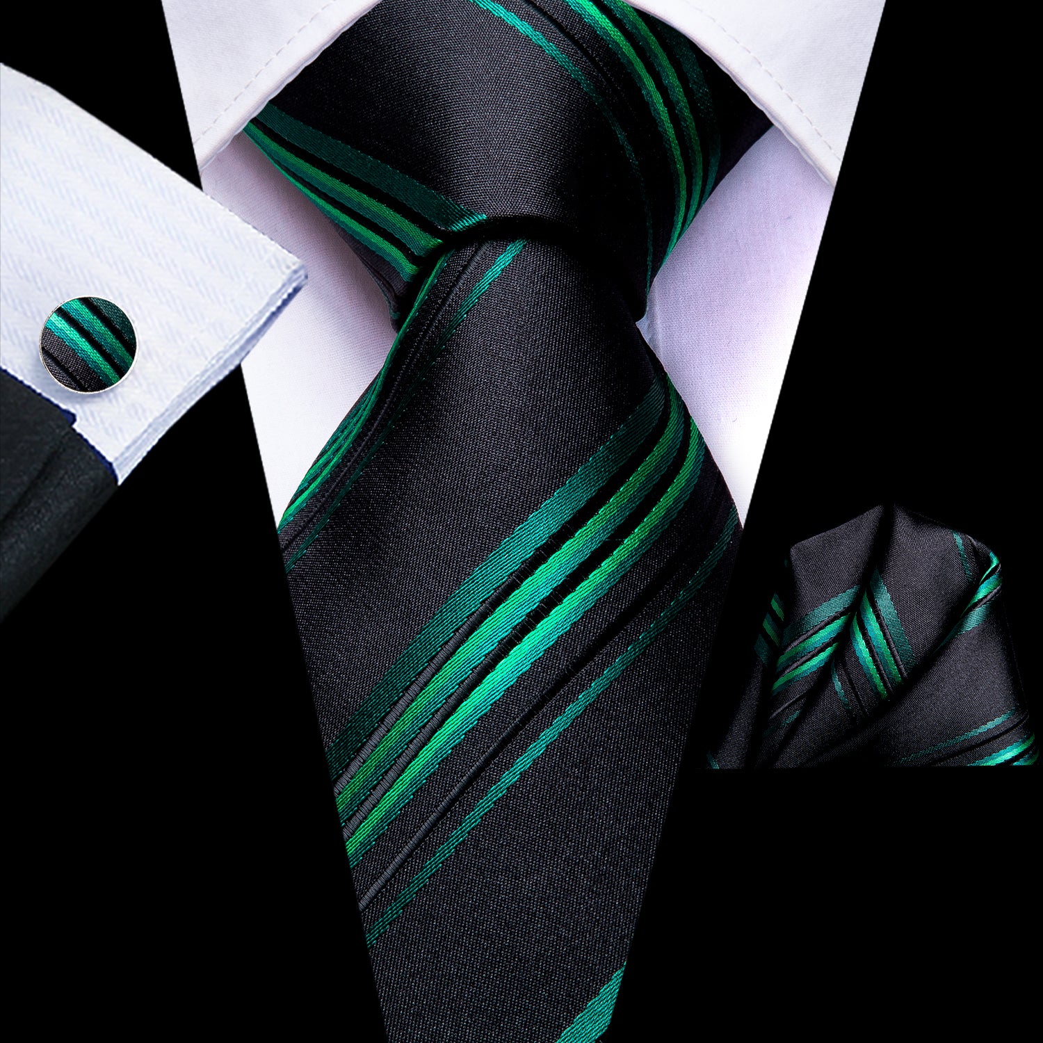 Black Green Striped Tie Pocket Square Cufflinks Set