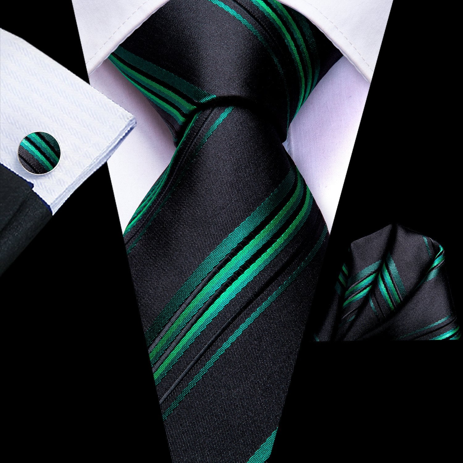 Black Green Striped Silk 63 Inches Extra Long Men's Tie Hanky Cufflinks Set