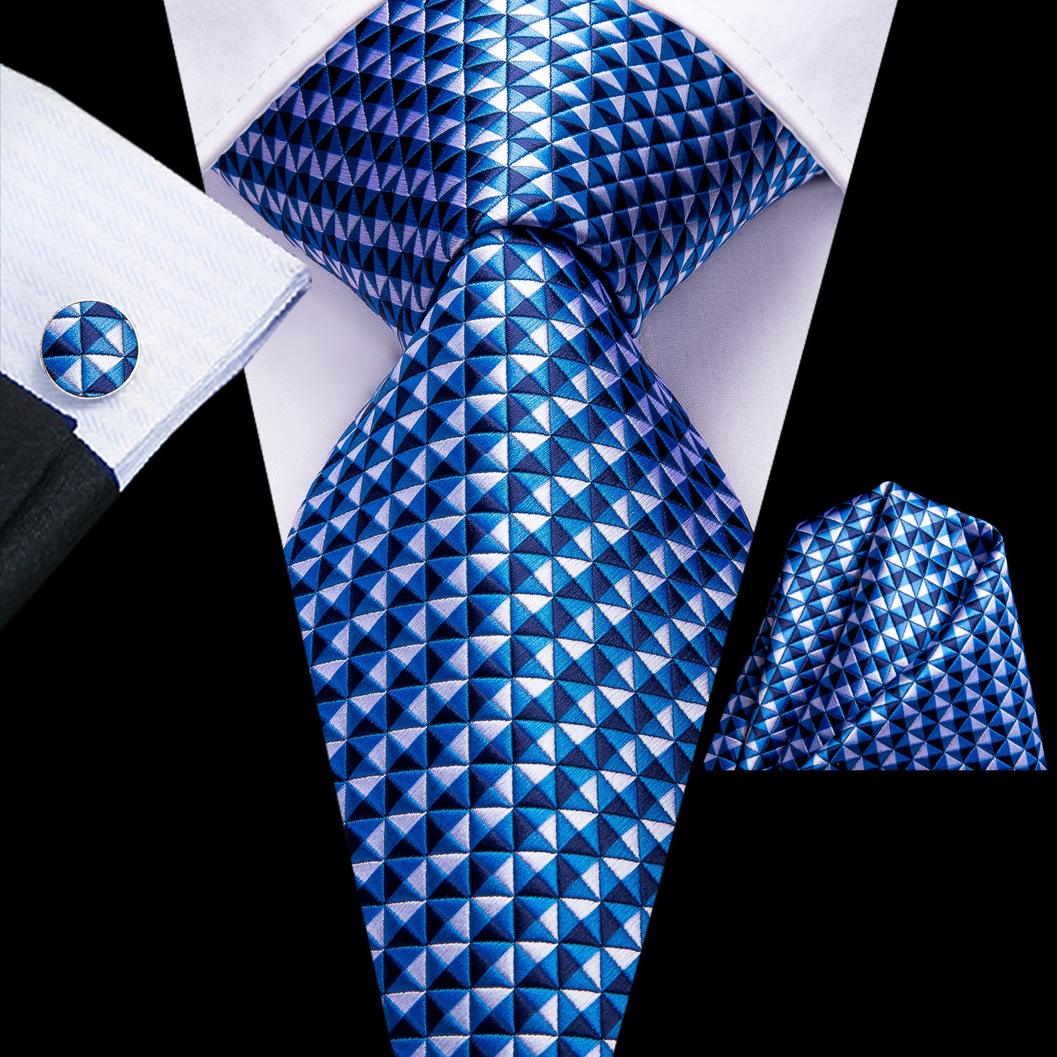 White Blue Plaid Tie Pocket Square Cufflinks Set