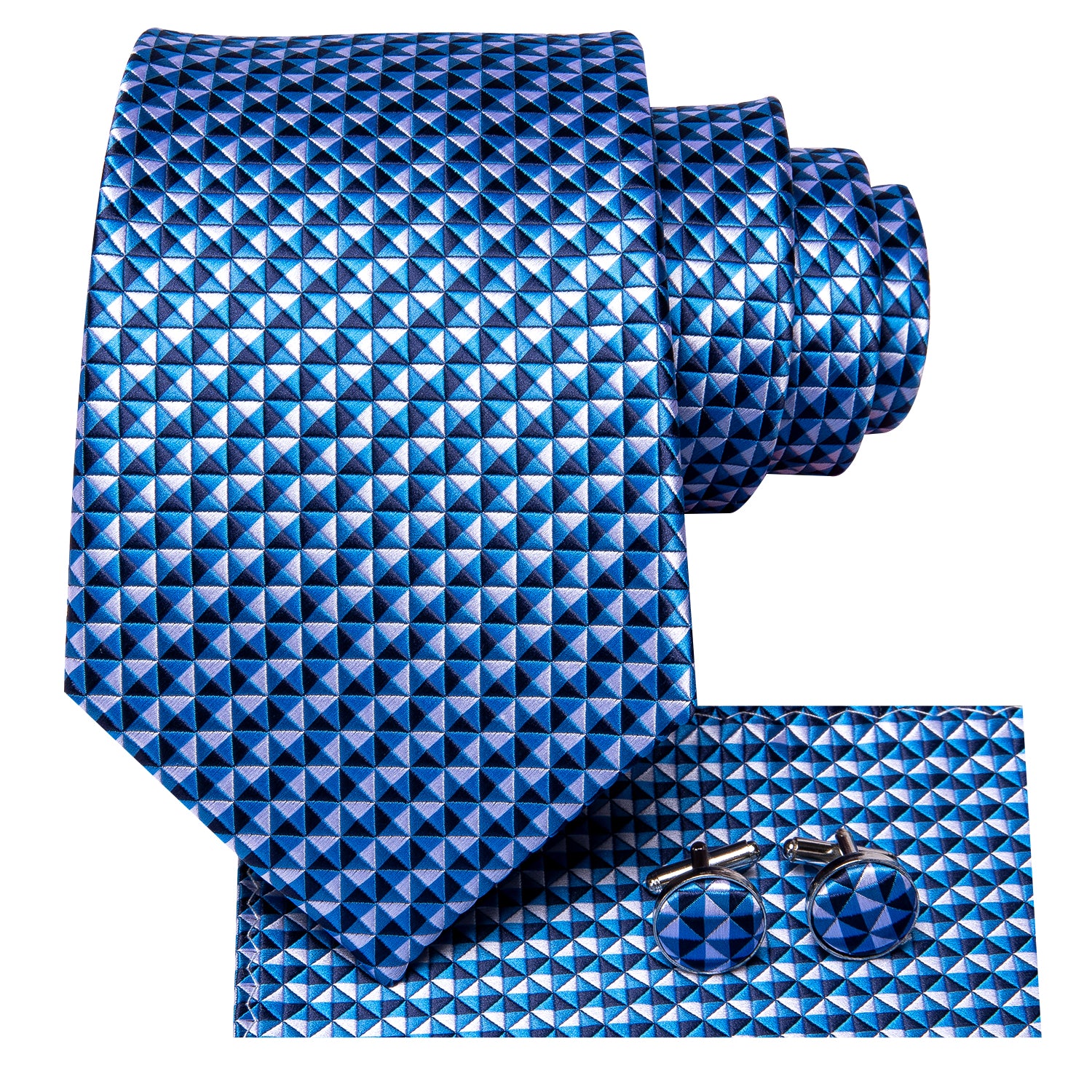 White Blue Plaid Tie Pocket Square Cufflinks Set