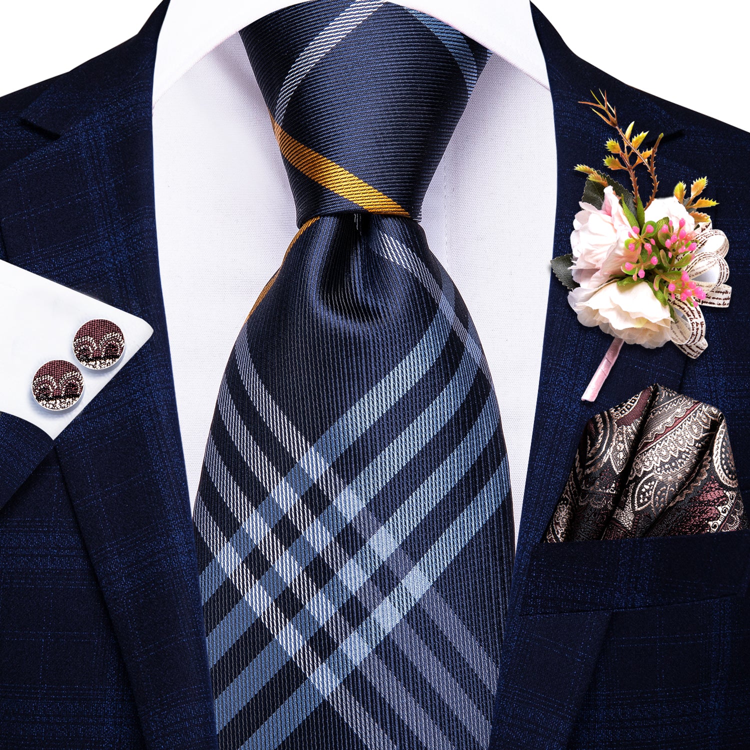 Navy Blue Yellow Plaid Tie Pocket Square Cufflinks Set with Wedding Brooch