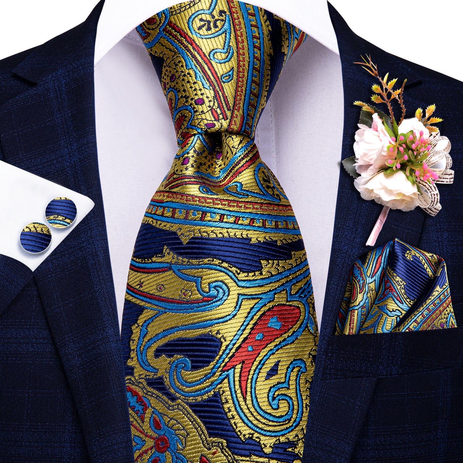 Blue Yellow Floral Tie Handkerchief Cufflinks Set with Wedding Brooch