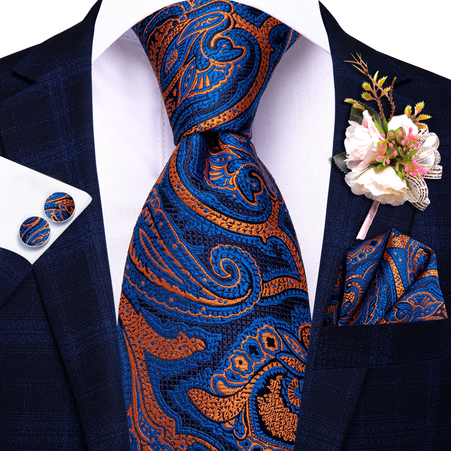 Blue Orange Floral Tie Handkerchief Cufflinks Set with Wedding Brooch