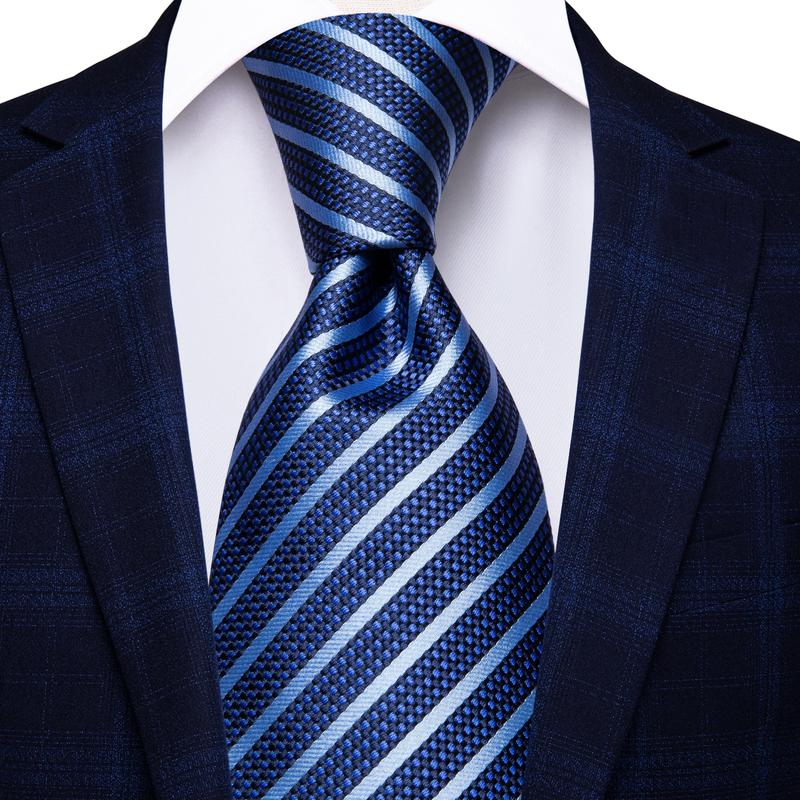 Blue Striped Necktie Pocket Square Cufflinks Gift Box Set