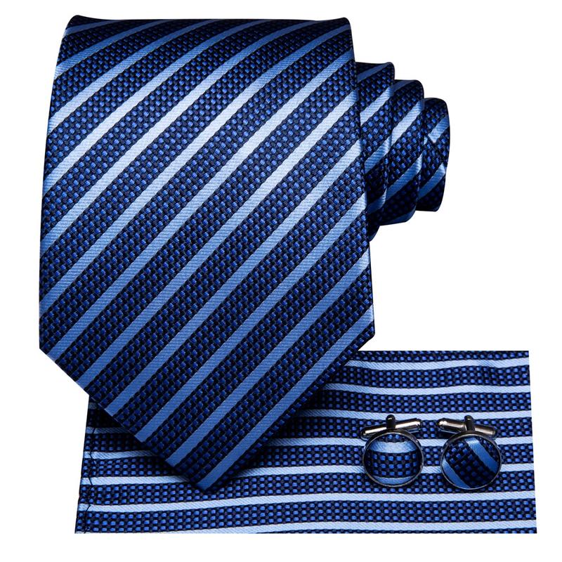 Blue Striped Necktie Pocket Square Cufflinks Gift Box Set