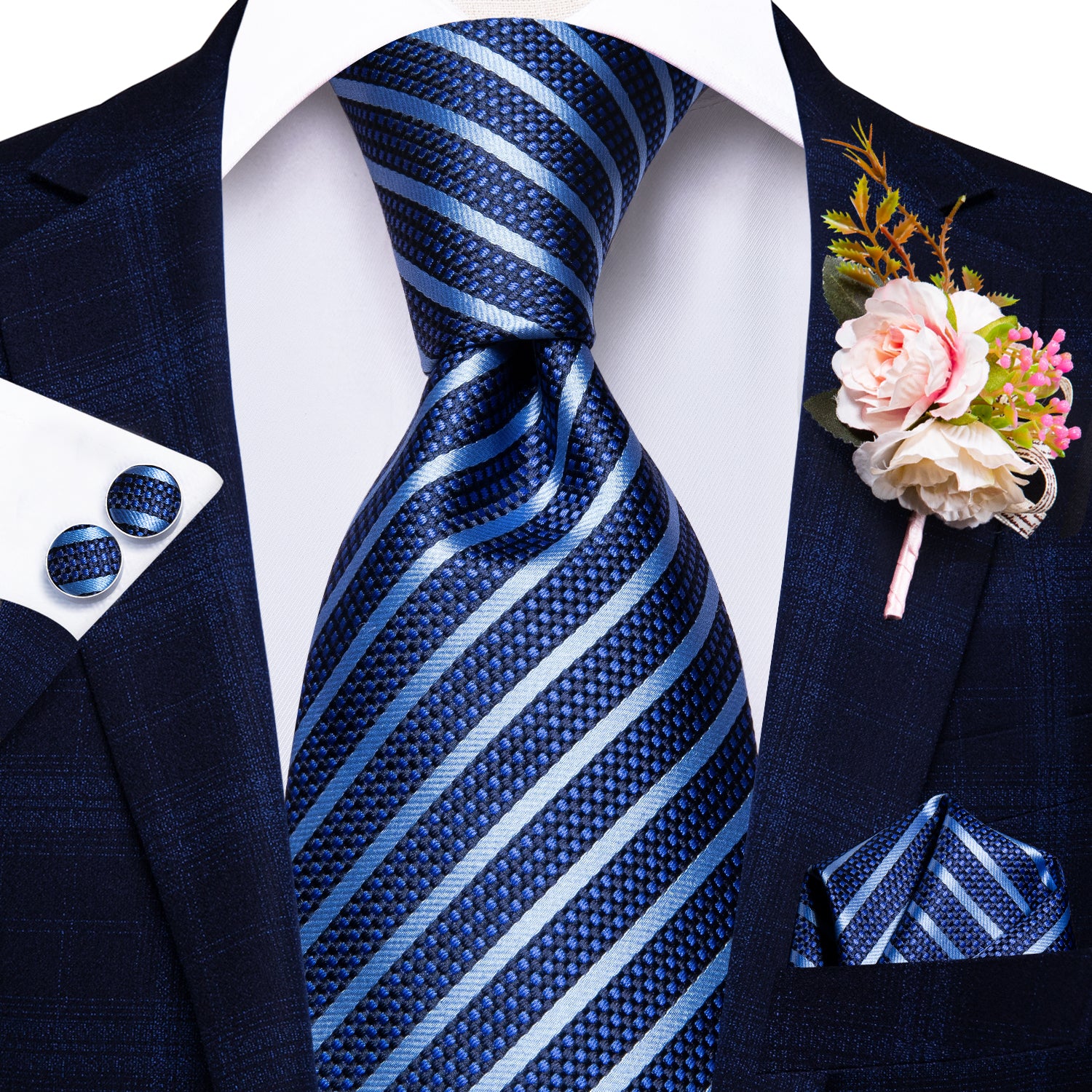 Blue Striped  Tie Handkerchief Cufflinks Set with Wedding Brooch