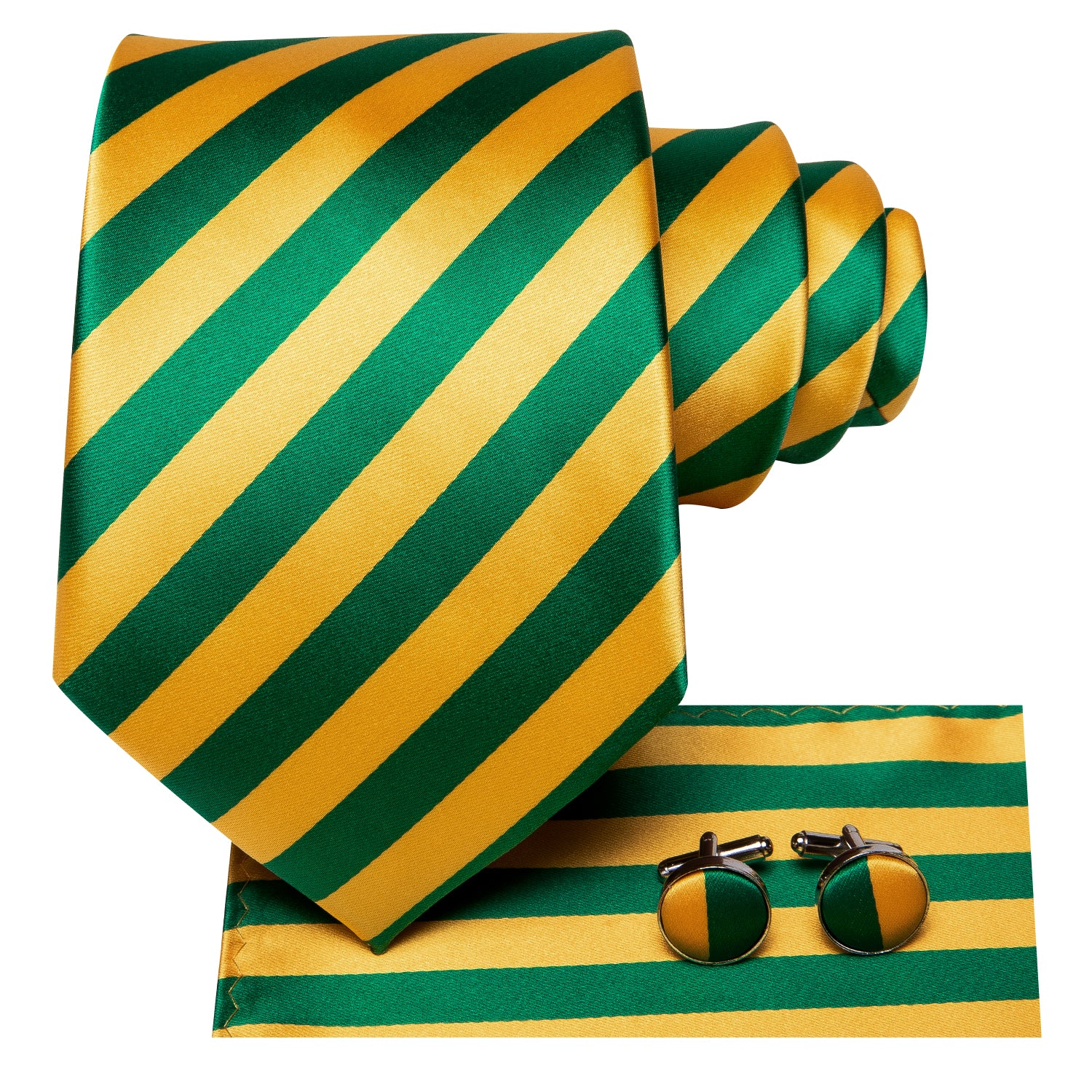 Yellow Green Striped Tie Pocket Square Cufflinks Set