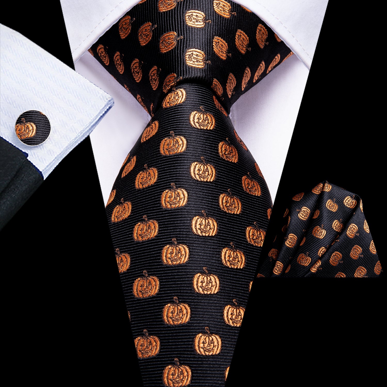 Black Golden Smiley Face Tie Pocket Square Cufflinks Set