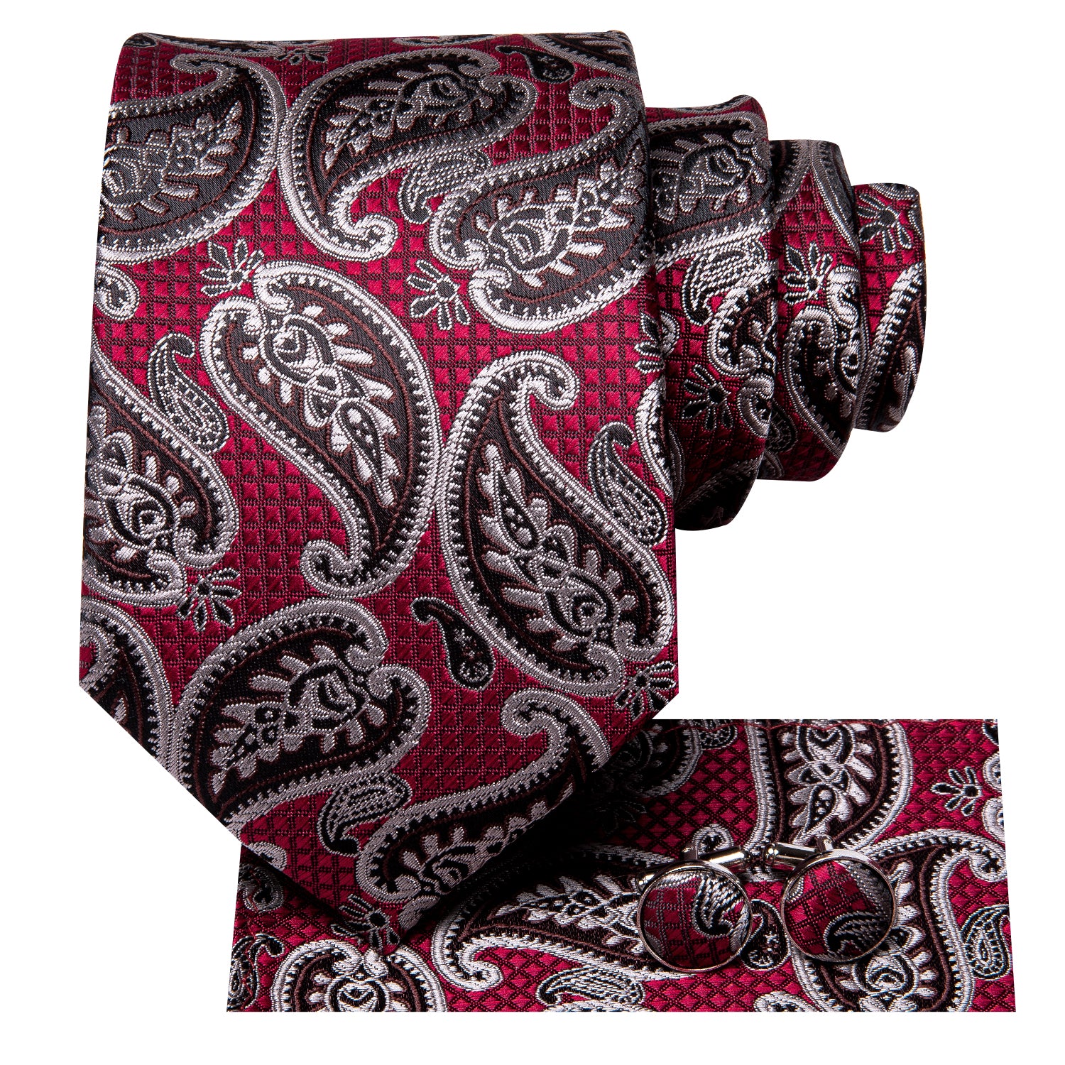 Red Brown Paisley Tie Pocket Square Cufflinks Set