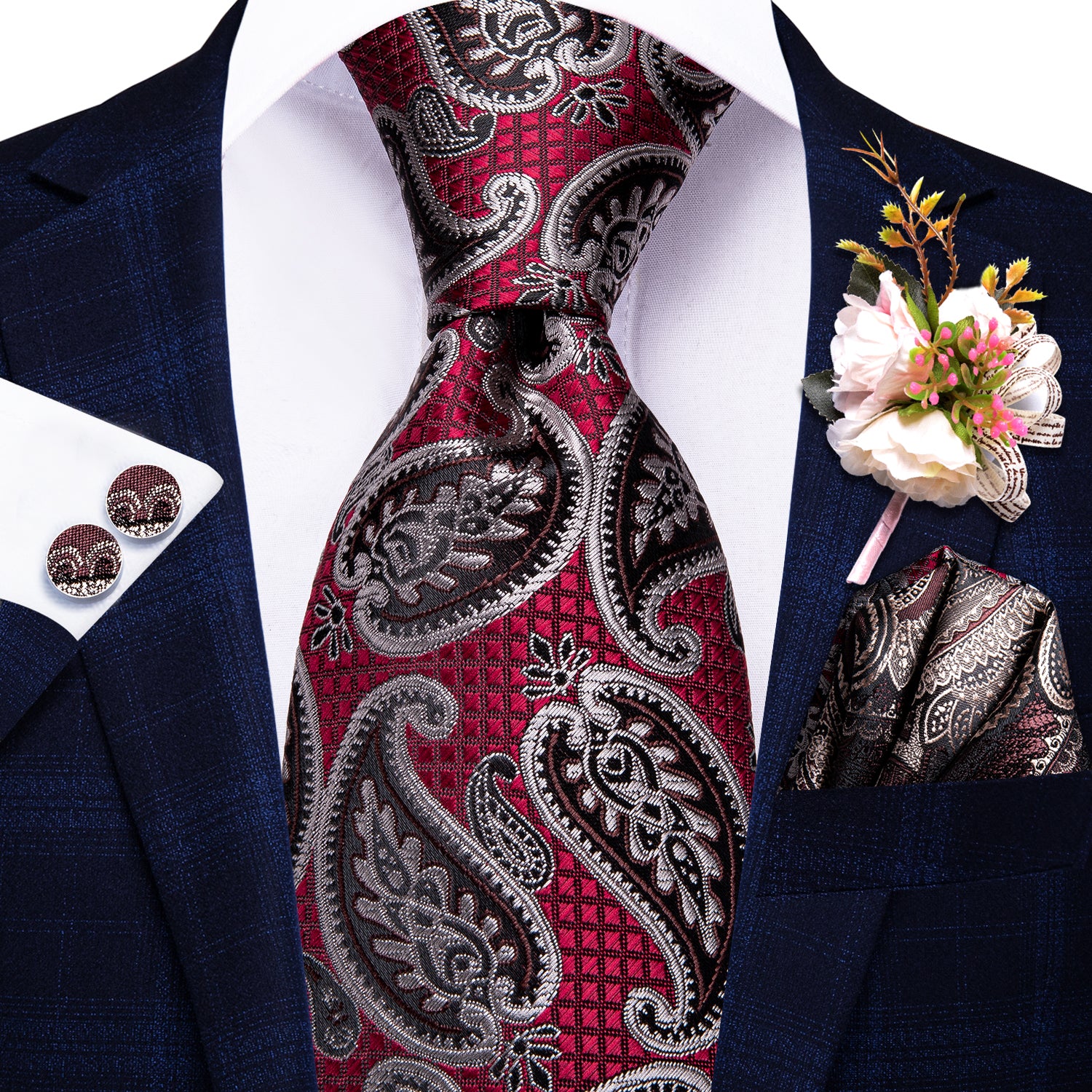 Red Brown Paisley Tie Pocket Square Cufflinks Set with Wedding Brooch