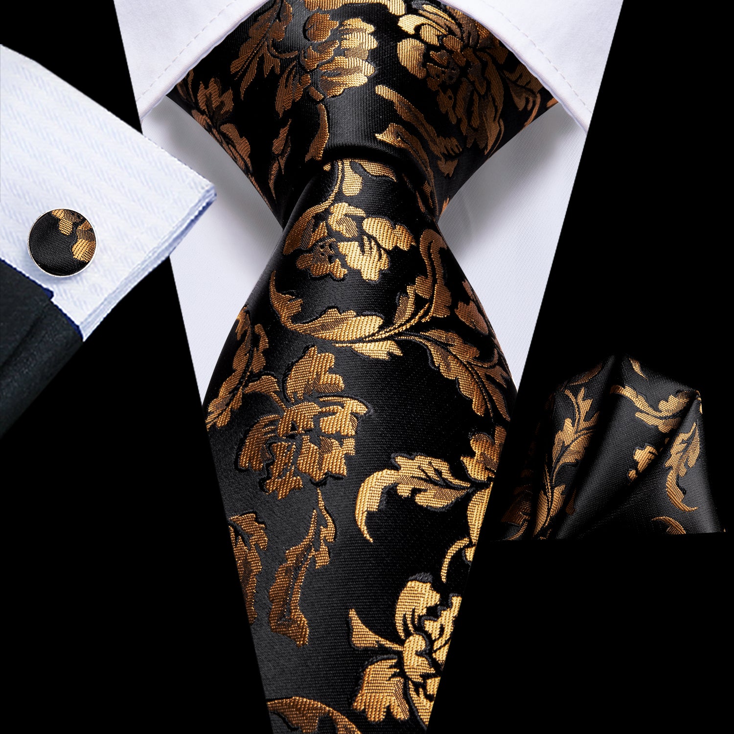 Black Golden Floral Tie Pocket Square Cufflinks Set