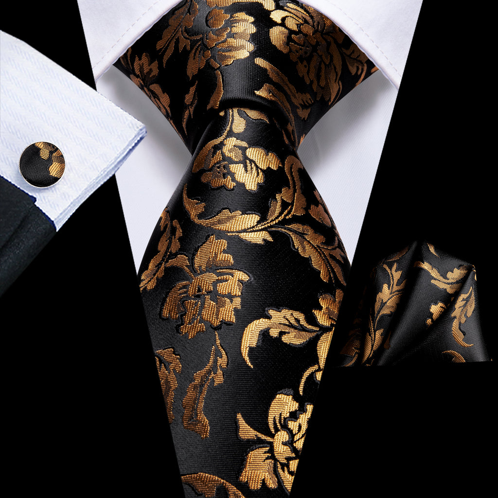 Hi-Tie Black Golden Floral Tie Pocket Square Cufflinks Set display picture 1