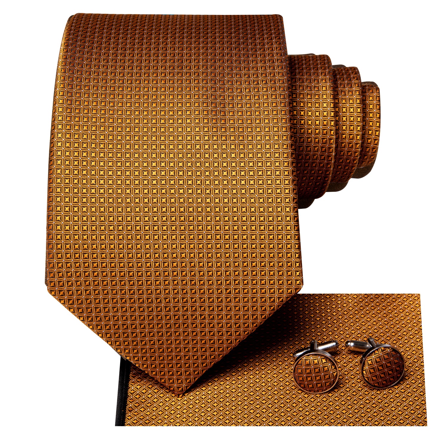 Golden Plaid Tie Pocket Square Cufflinks Set