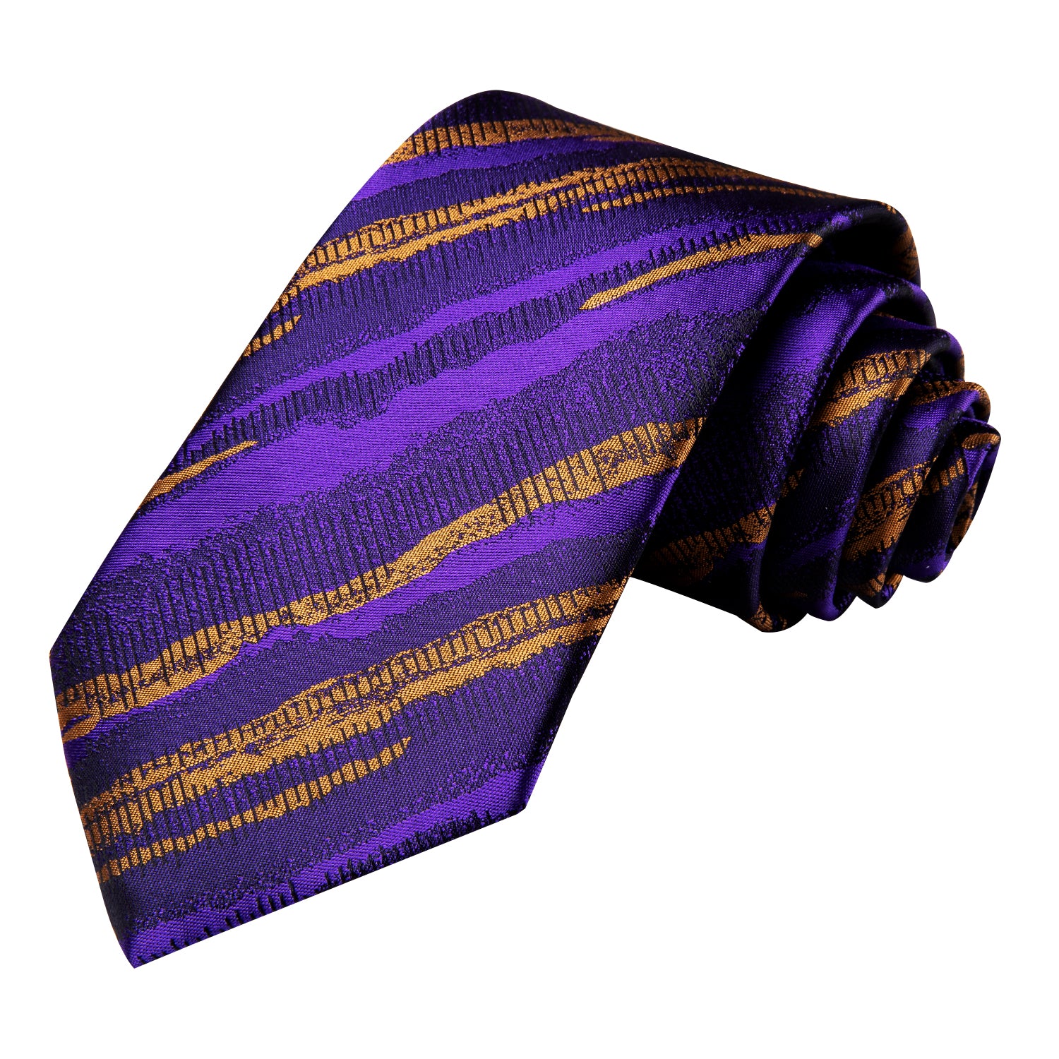 Purple Golden Stiped Tie Pocket Square Cufflinks Set