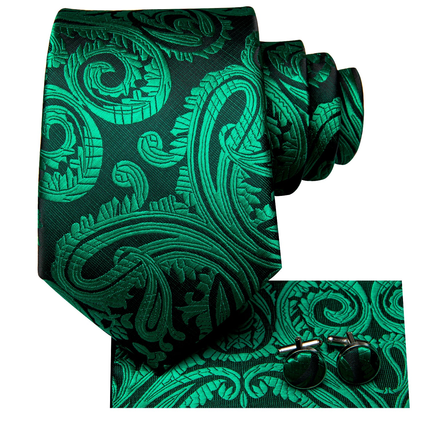 Green Black Paisley Tie Pocket Square Cufflinks Set