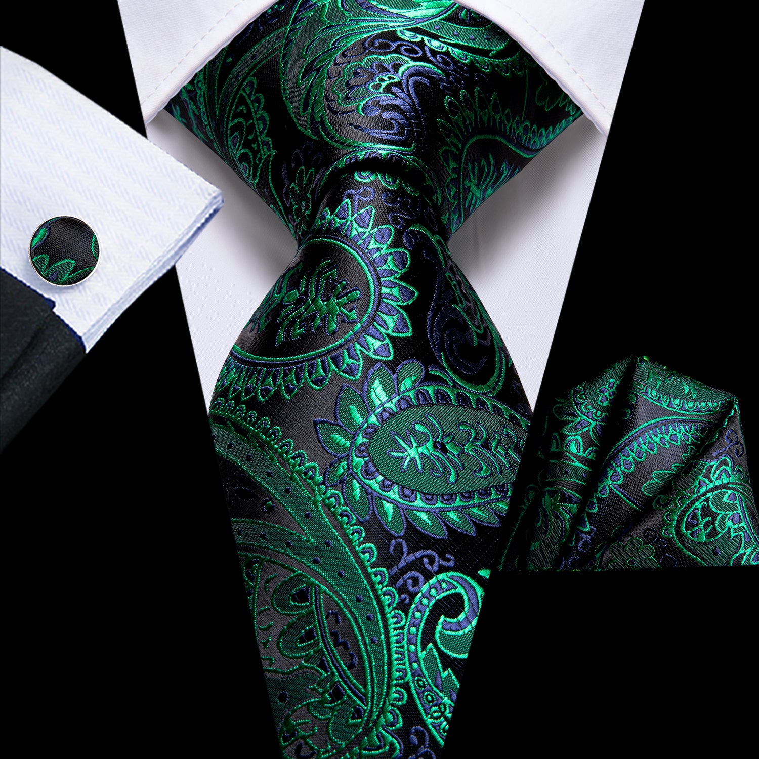 Black Green Blue Paisley Tie Pocket Square Cufflinks Set
