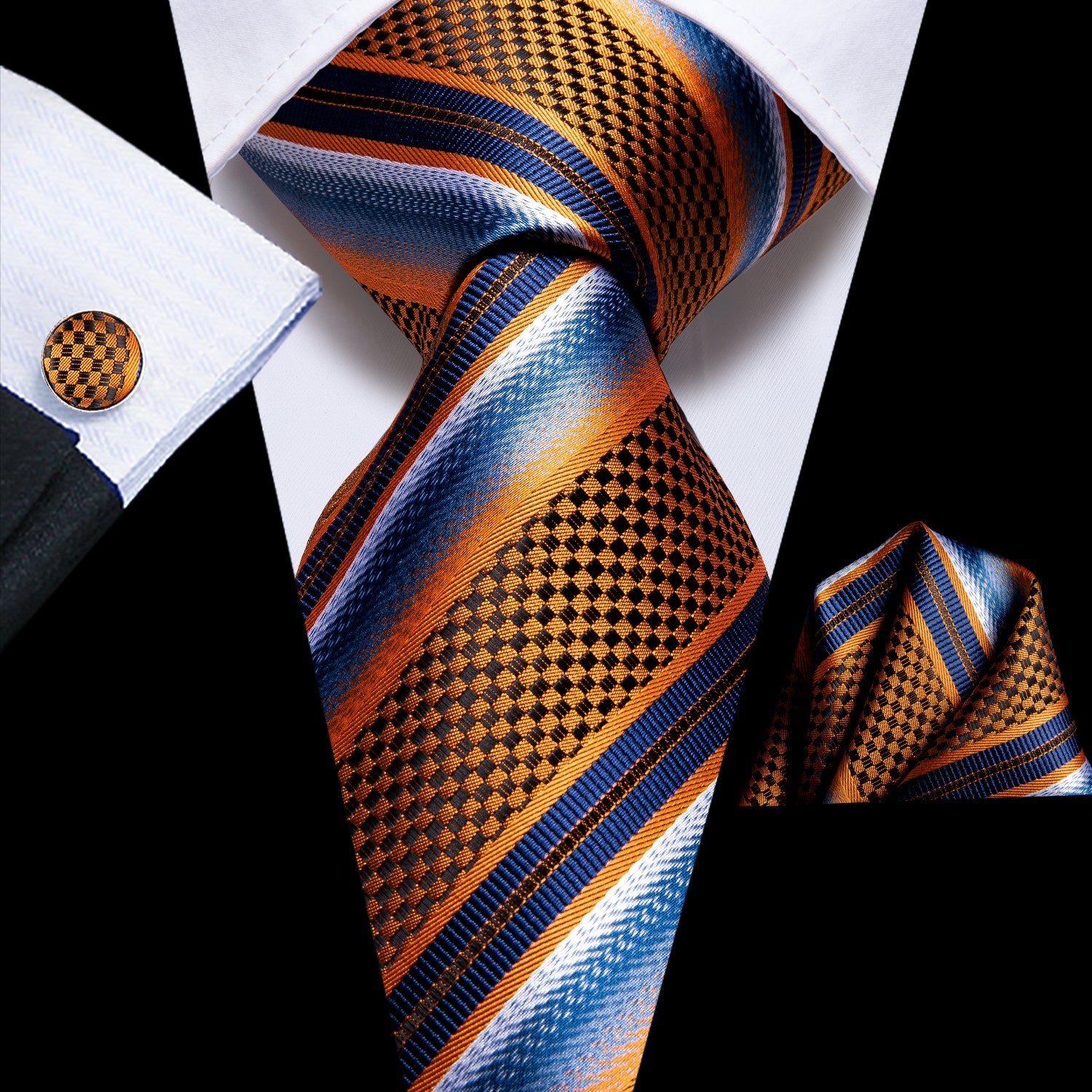 Blue Golden Striped Tie Pocket Square Cufflinks Set