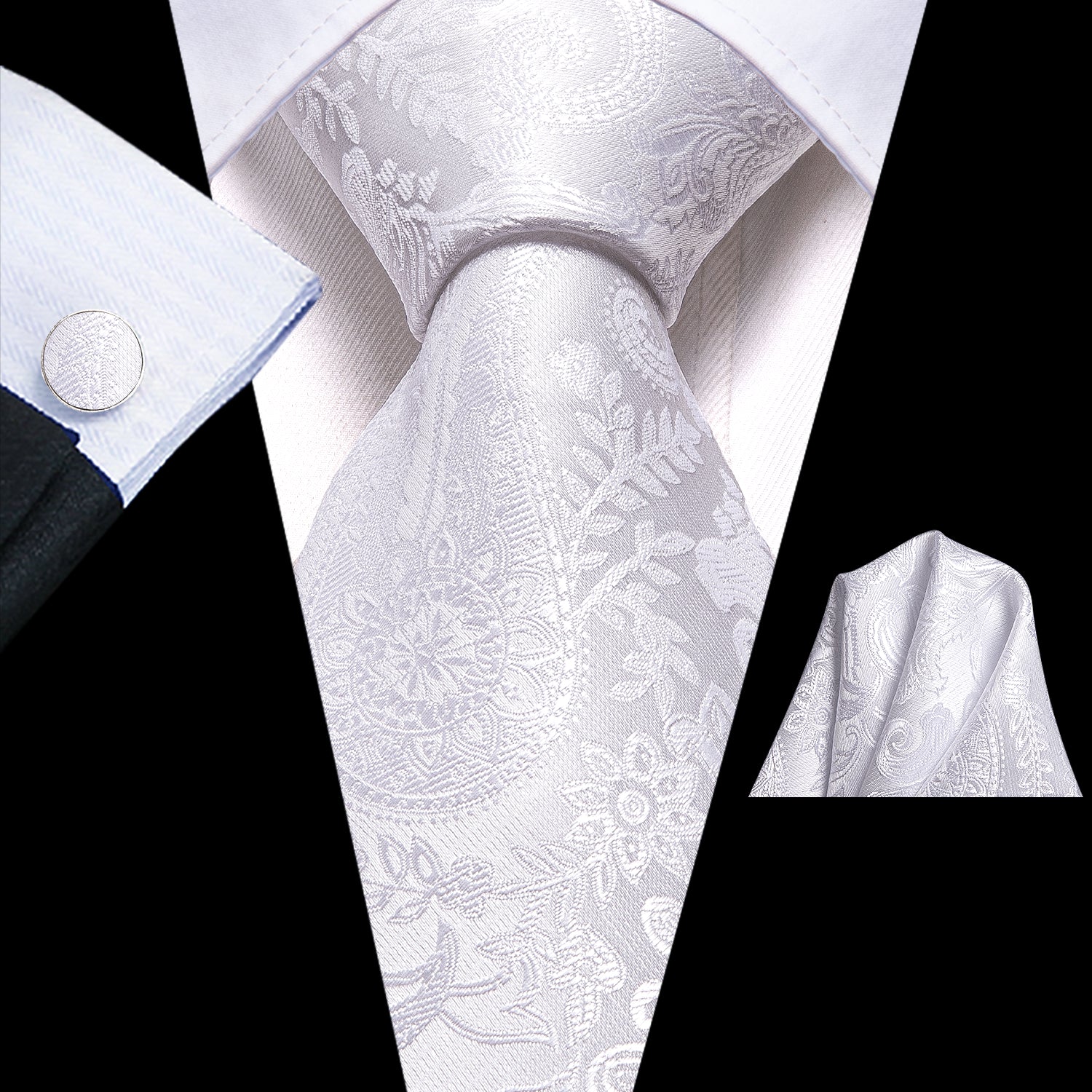 New Pure White Paisley Men's Necktie Pocket Square Cufflinks Set