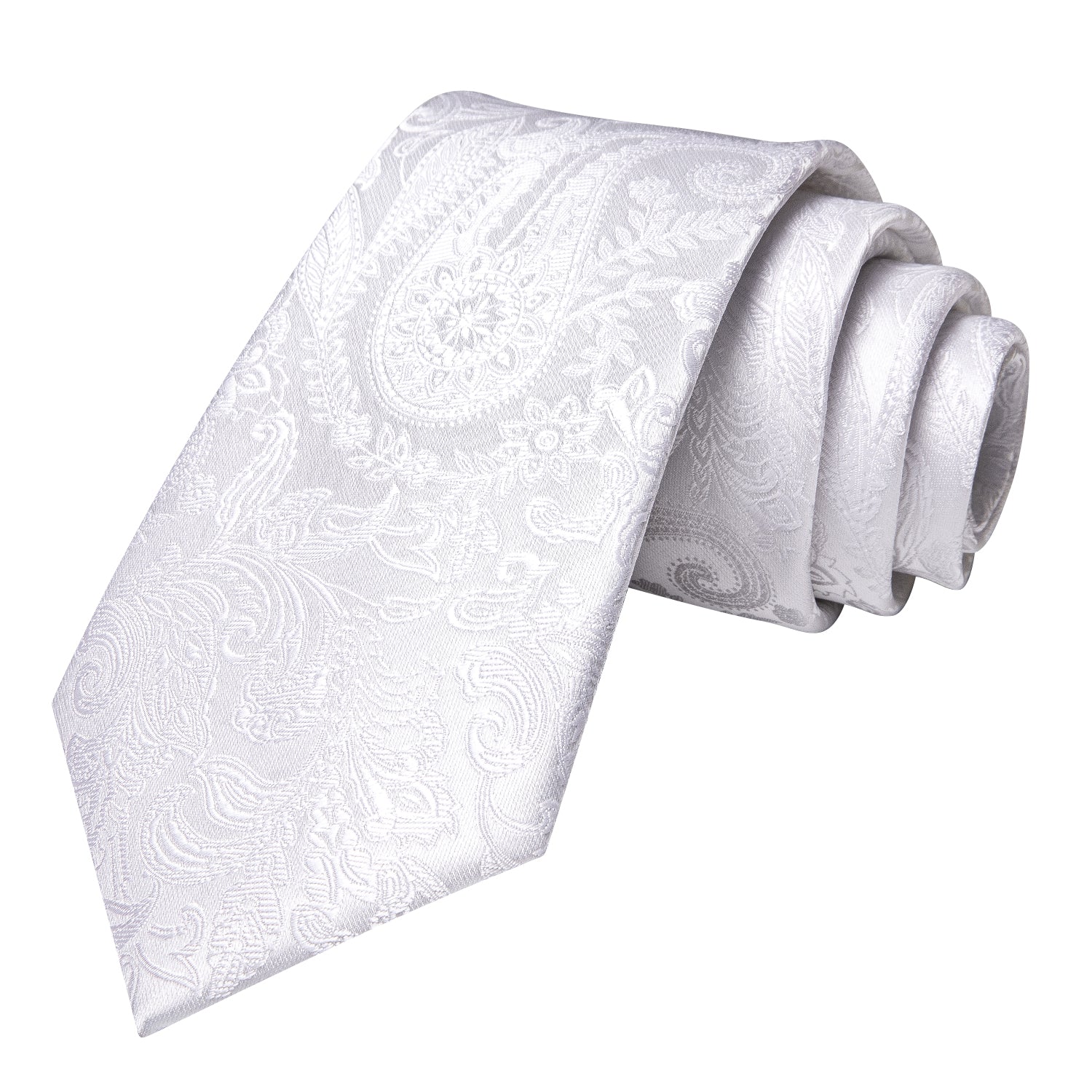 Pure White Paisley Men's Necktie Pocket Square Cufflinks Set