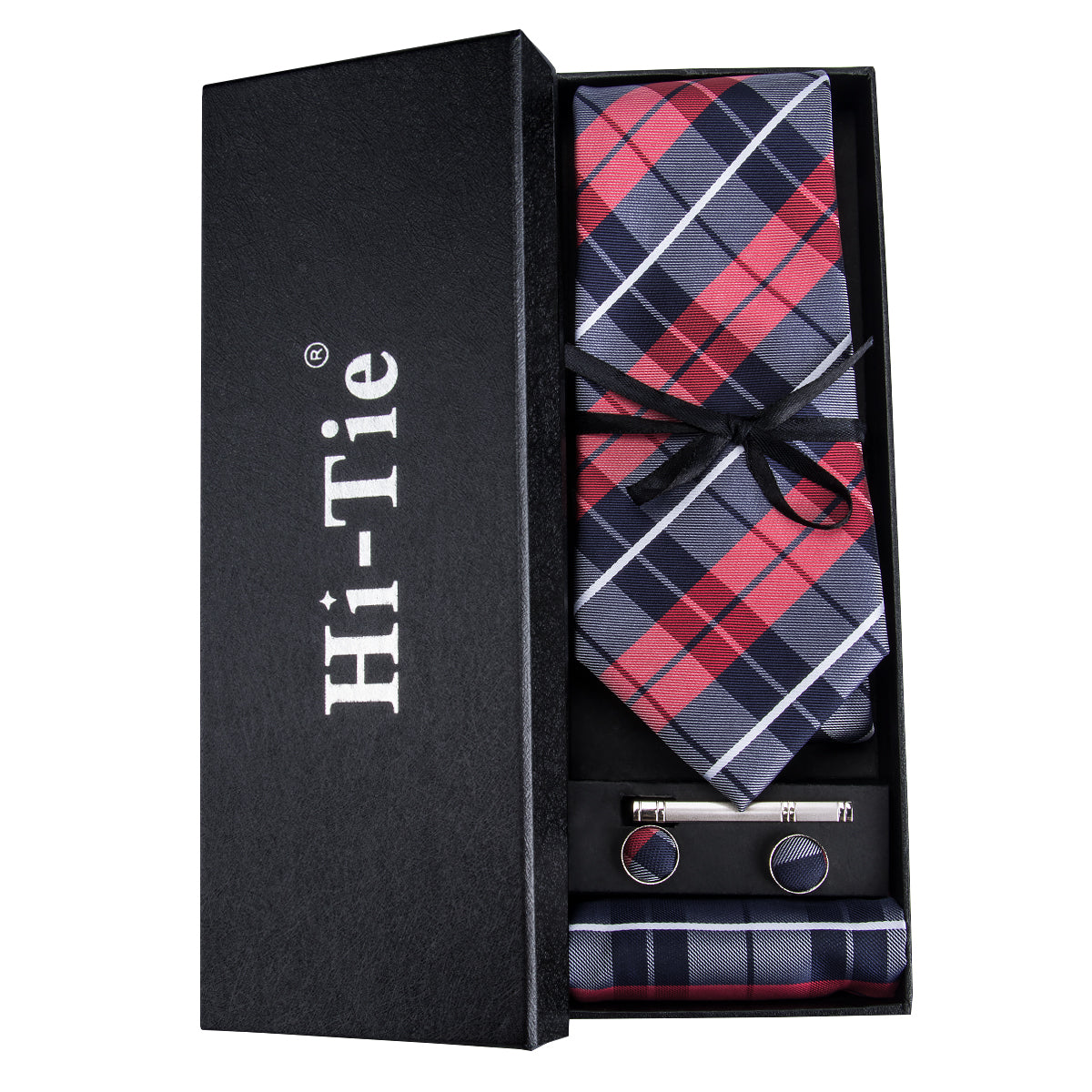 Classic Campus Style Blue Red Plaid Men's Tie Pocket Square Cufflinks Gift Box Set