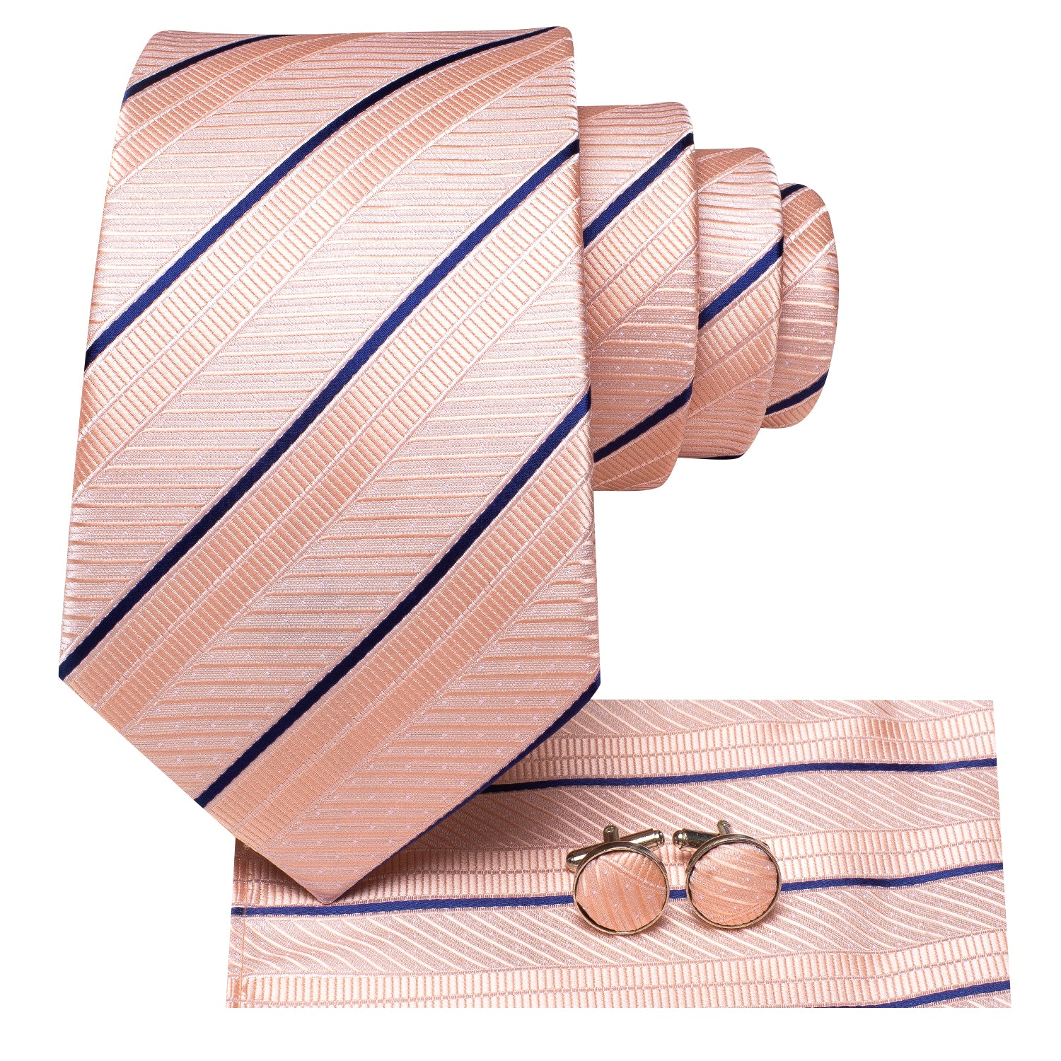 New Pink Blue Strip Tie Pocket Square Cufflinks Set