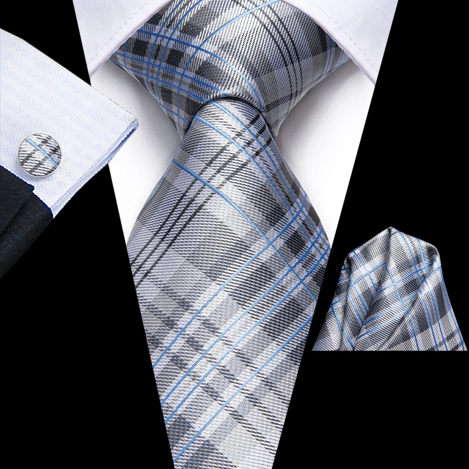 New Grey White Blue Plaid Necktie Pocket Square Cufflinks Set
