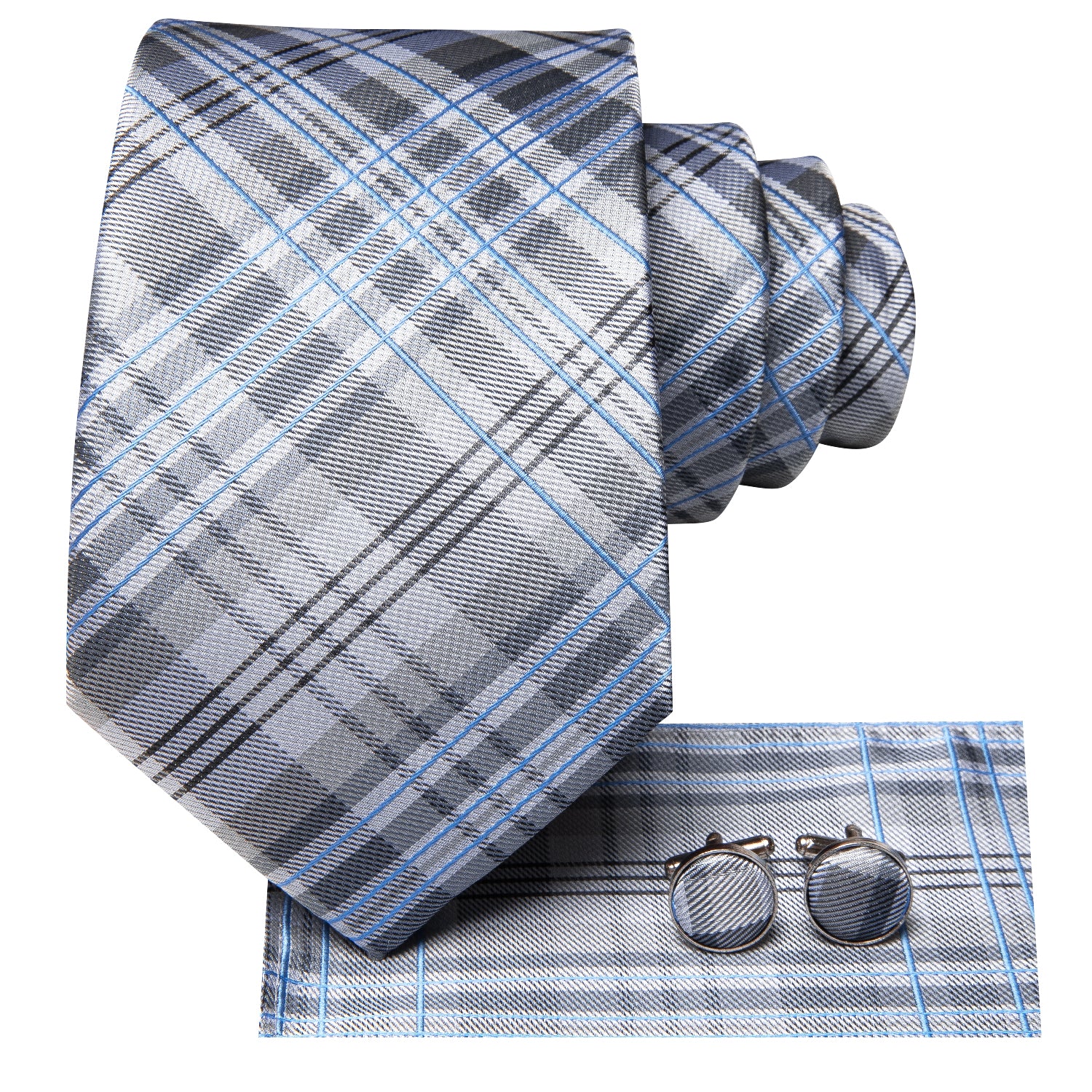 Grey White Blue Plaid Necktie Pocket Square Cufflinks Set
