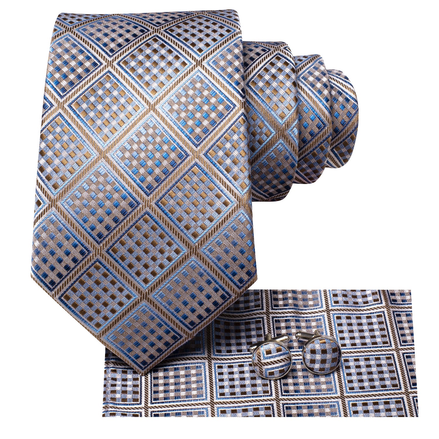 New Champagne Blue Plaid Tie Pocket Square Cufflinks Set