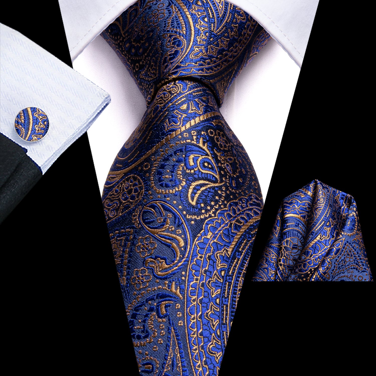 Royal Blue Golden Paisley Necktie Pocket Square Cufflinks Set