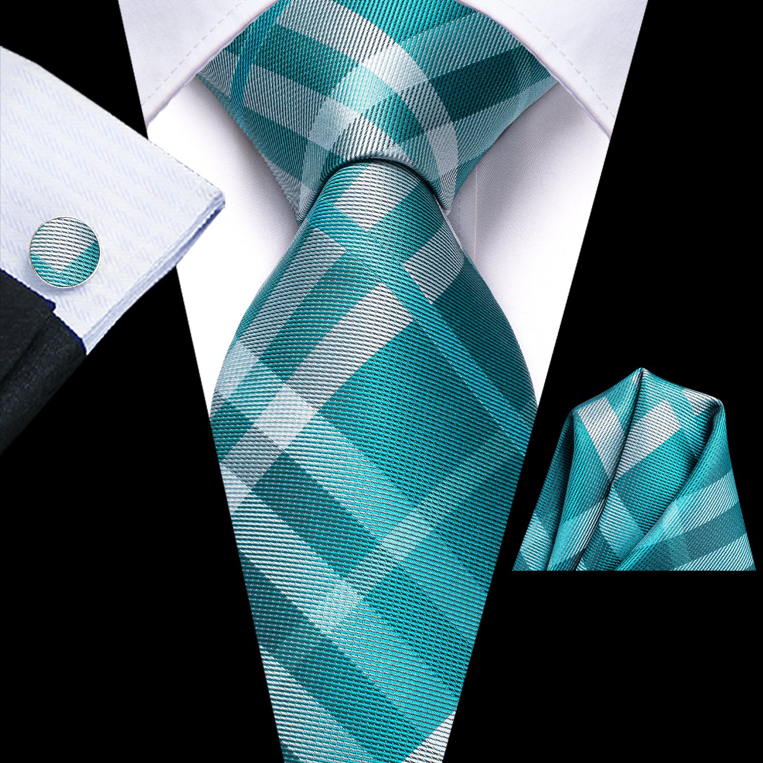 New Teal White Strip Tie Pocket Square Cufflinks Set