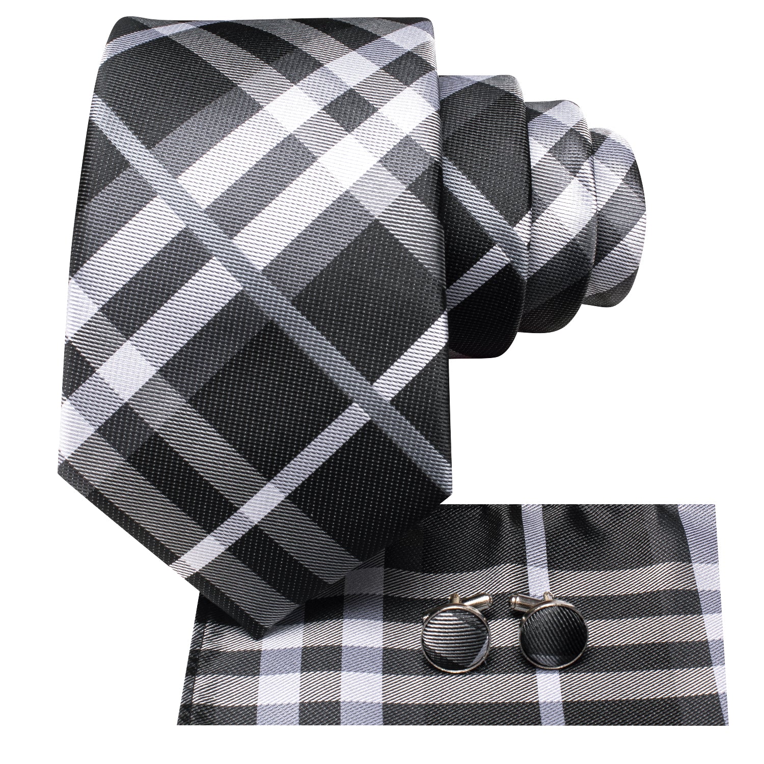 New Gradient Grey Strip Tie Pocket Square Cufflinks Set