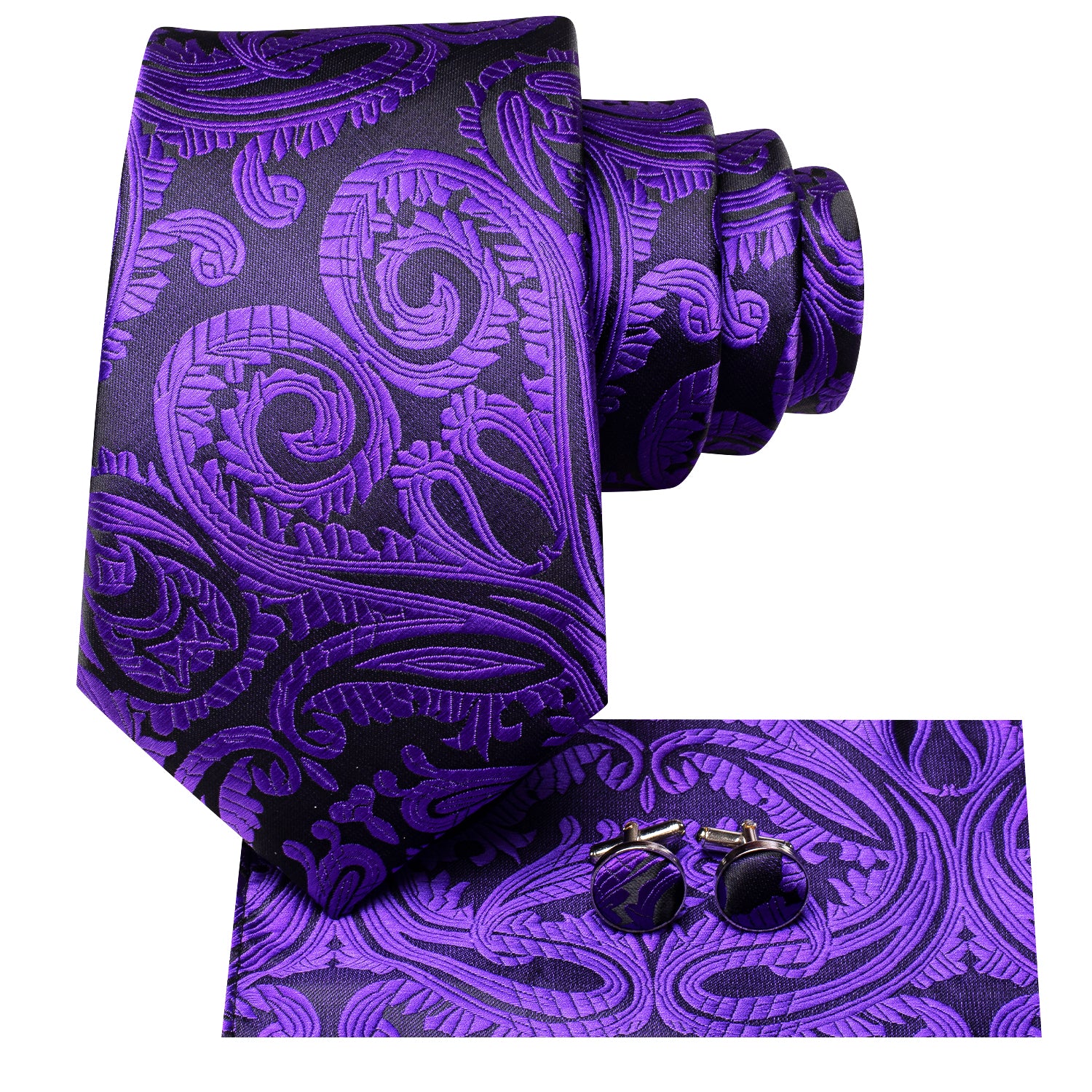 Indigo Black Paisley Tie Pocket Square Cufflinks Set